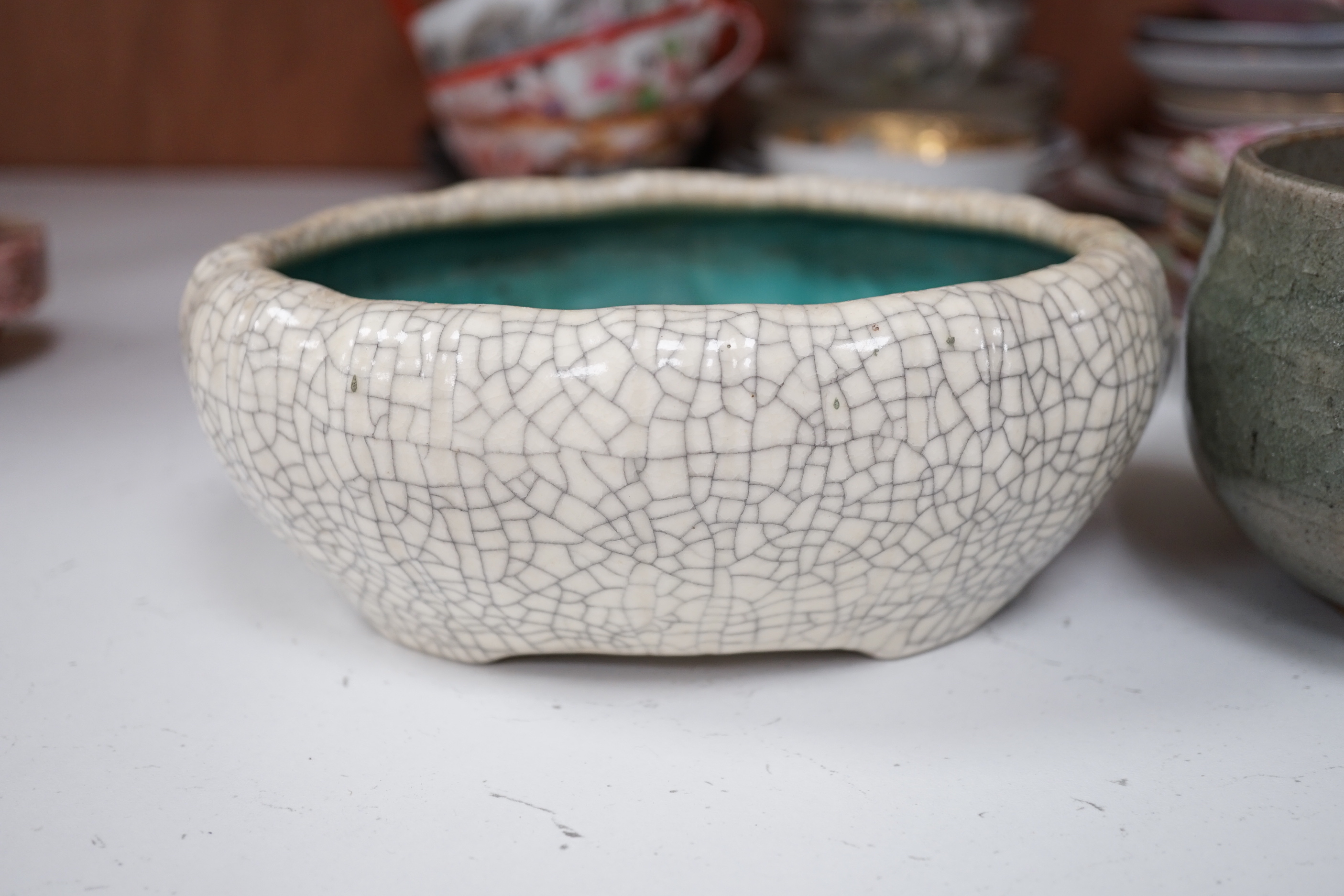 A group of various Japanese ceramics to include kutani and egg shell teawares, a Chinese crackle glaze jardiniere and another, a Chinese crackleware bowl and a blanc de chine cup